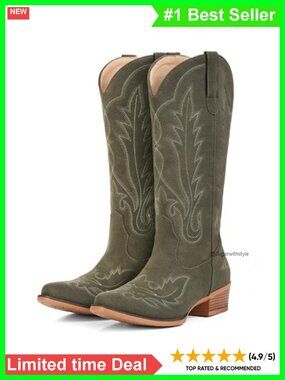 Faux Suede Cowboy Boots Classic Embroidered Mid Calf Western Women